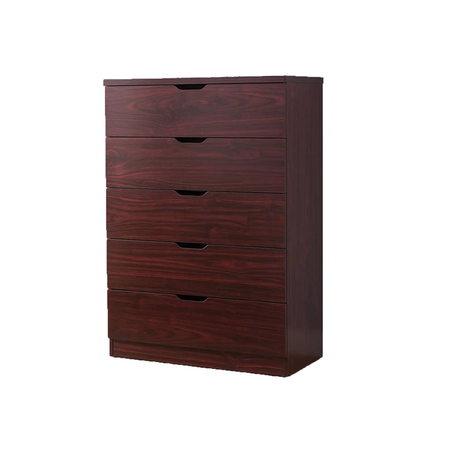 Cómoda de dormitorio de 5 cajones, cómoda con tiradores recortados, color caoba
