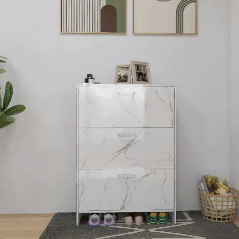 White Marble Color High Glossy 3 Doors Shoe Cabinet With Retro Handles
