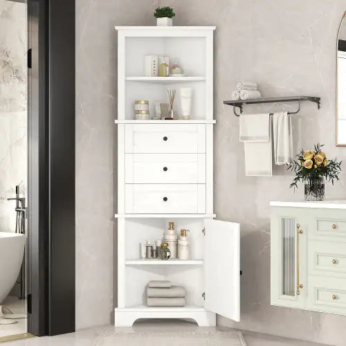 White Triangular Tall Cabinet with 3 Drawers & Adjustable Shelves