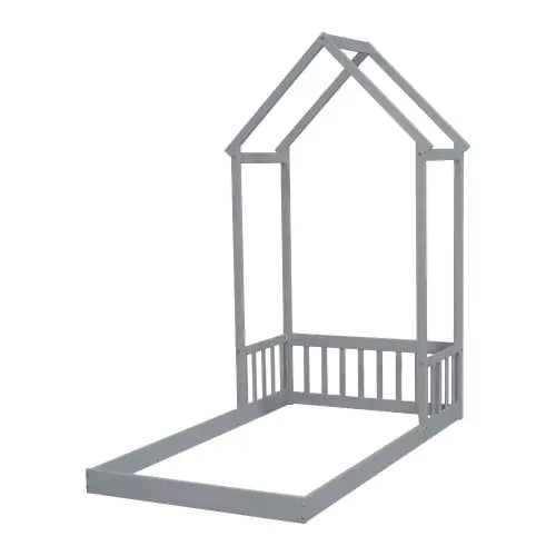 Cama de piso con cabecero y techo en forma de casa gemela