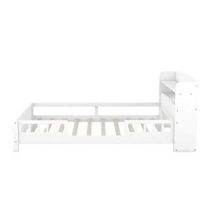 Wood Full Size Platform Bed with Built-in LED Light, Storage Headboard, and Guardrail
