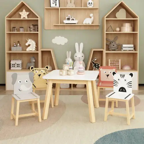 Juego de mesa y sillas de madera maciza para niños (5 piezas)