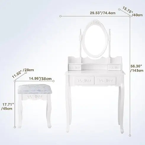 Vanity Table Set with 4 Drawers, Makeup Dressing Table with Cushioned Stool