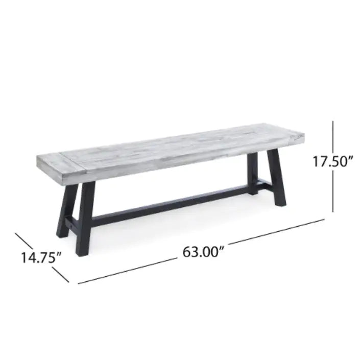 Light Grey Sandblast Finish Acacia Wood Dining Bench With Black Rustic Metal Finish Frame