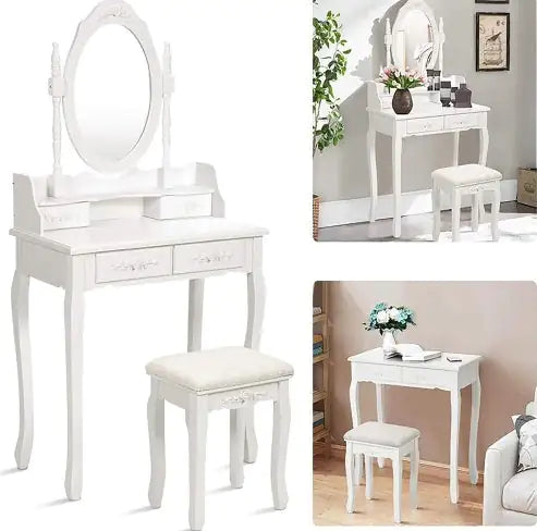 Vanity Table Set with 4 Drawers, Makeup Dressing Table with Cushioned Stool
