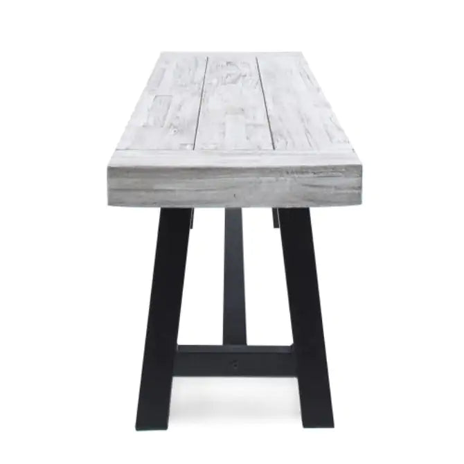 Light Grey Sandblast Finish Acacia Wood Dining Bench With Black Rustic Metal Finish Frame