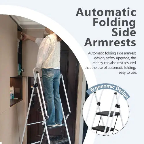 White Four-Step Ladder with Safety Handle and Anti-Skid Pedals