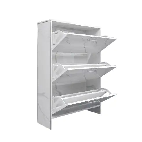 White Marble Color High Glossy 3 Doors Shoe Cabinet With Retro Handles