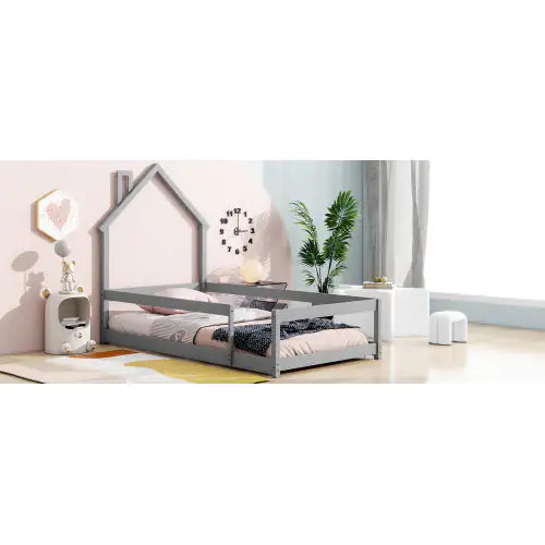 Twin Size Wood Bed With House-shaped Headboard Floor Bed With Fences,Grey