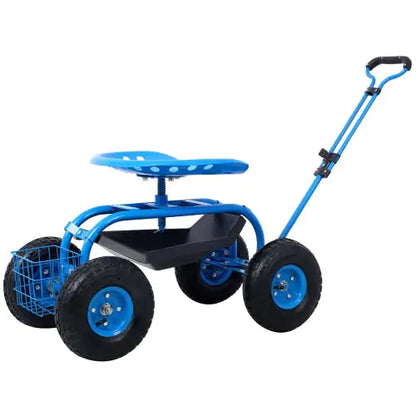 Scooter da giardino girevole con vassoio portautensili e ruote