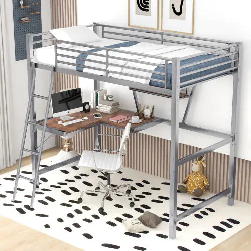 Twin Size Loft Metal&MDF Bed With Desk And Shelf, Silver