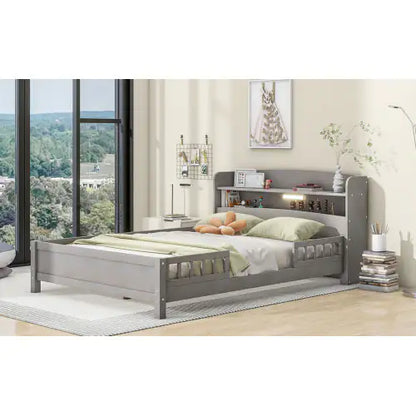 Wood Full-Size Platform Bed with Built-in LED Light, Storage Headboard, and Guardrail