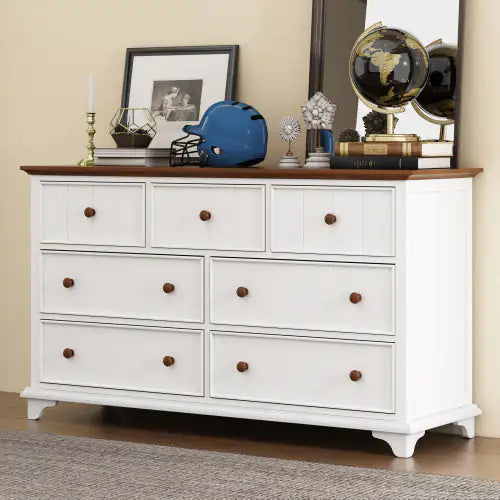 Walnut White Wooden Seven-Drawer Dresser