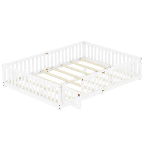 Queen Size Bed Floor Bed With Safety Guardrails And Door For Kids, White