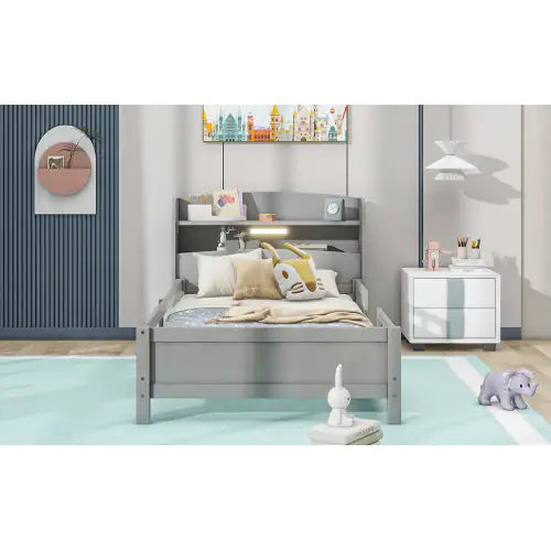 Twin Antique Grey LED Platform Bed with Storage