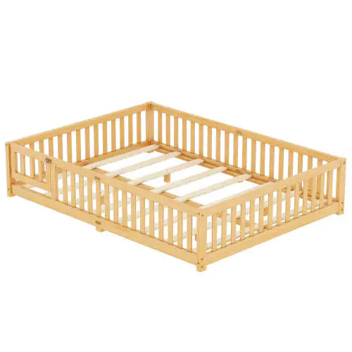 Queen Size Bed Floor Bed With Safety Guardrails And Door For Kids, Natural