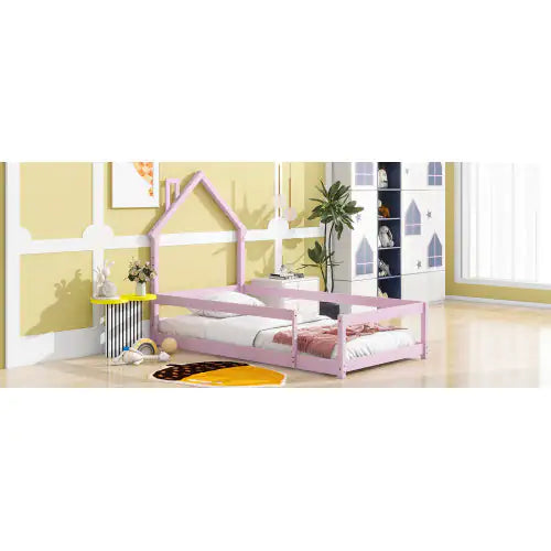 Twin Size Wood Bed With House-shaped Headboard Floor Bed With Fences,Pink