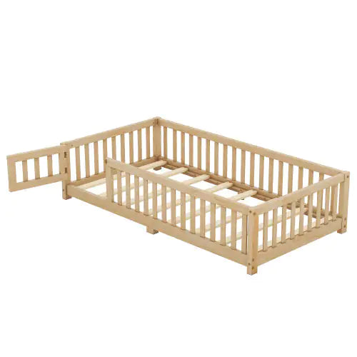 Kids Twin Safety Guardrail Bed with Door, Natural