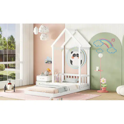 Twin House-Shaped Roof Headboard Floor Bed