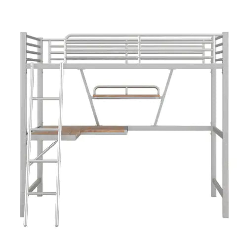 Twin Size Loft Metal&MDF Bed With Desk And Shelf, Silver