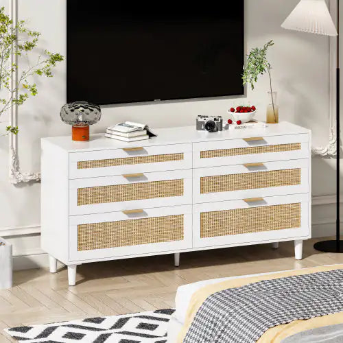 Rattan Dresser With Drawers, 6 Drawer Dresser For Bedroom, Clothes Storage Cabinet For Bedroom, Metal Handle&Wood Legs For Hallway, Living Room, Bedroom,White