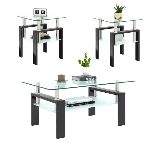 Set Of 2, Modern Tempered Glass Tea Table Coffee Table End Table, Square Table For Living Room, Transparent Black