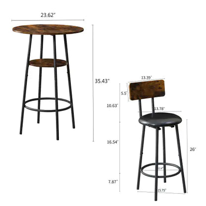 Three-Piece Round Dining Table Set with Storage & Upholstered Bar Chairs