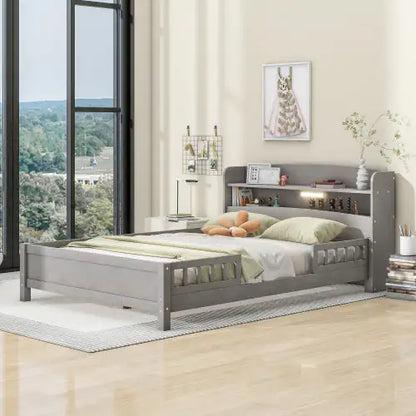 Wood Full-Size Platform Bed with Built-in LED Light, Storage Headboard, and Guardrail
