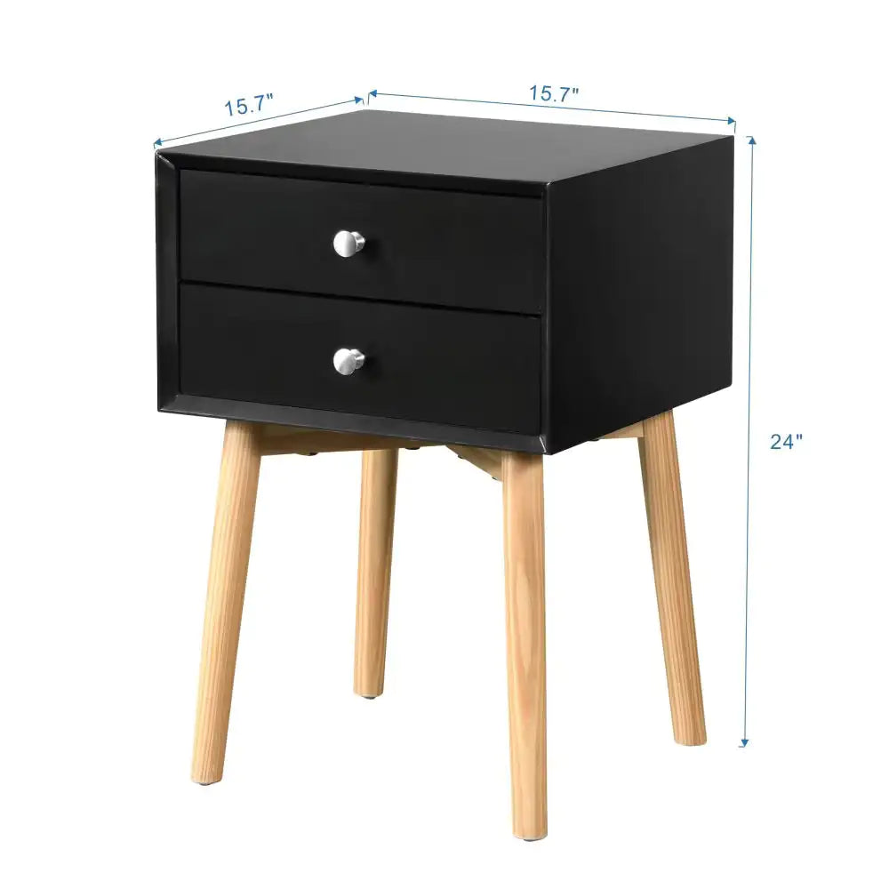 Side Table,Bedside Table With 2 Drawers And Rubber Wood Legs, Mid-Century Modern Storage Cabinet For Bedroom Living Room