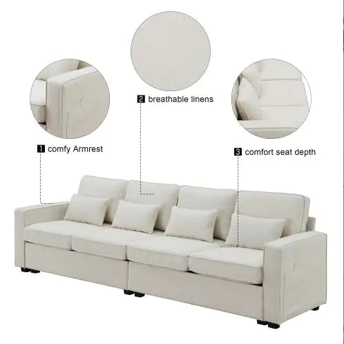 Linen Fabric Modern Sofa with Side Storage & Pillows