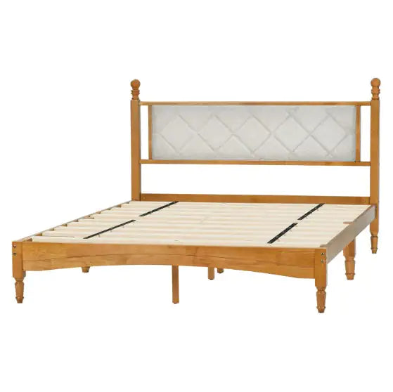 Queen Wood Bed Frame With Upholstered Headboard Wooden Bed