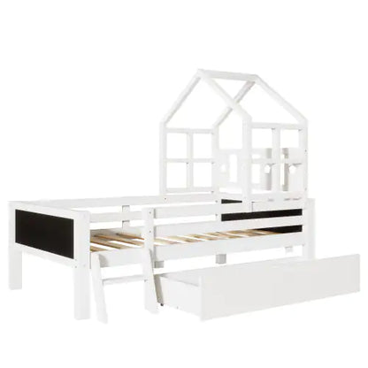 Twin Size House Bed with Ladder and Storage Drawers for Kid's Bedroom