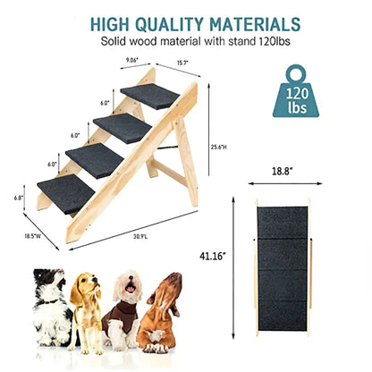 Foldable 3-Level Wooden Pet Stairs & Ramp