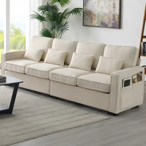 Linen Fabric Modern Sofa with Side Storage & Pillows