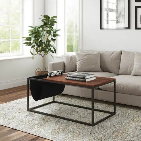 Tavolino da divano Riley Indoor Walnut con struttura in metallo e gancio in tela