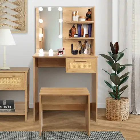 Vanity Desk Set with LED Lighting Mirror, Stool & Drawers