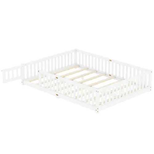 Queen Size Bed Floor Bed With Safety Guardrails And Door For Kids, White