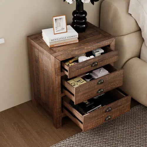 Rustic Farmhouse Style Three-Drawer Solid Pine Wood Nightstand With Cup Pulls And Integrated Charge Station