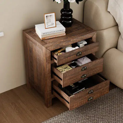 Rustic Farmhouse Style Three-Drawer Solid Pine Wood Nightstand