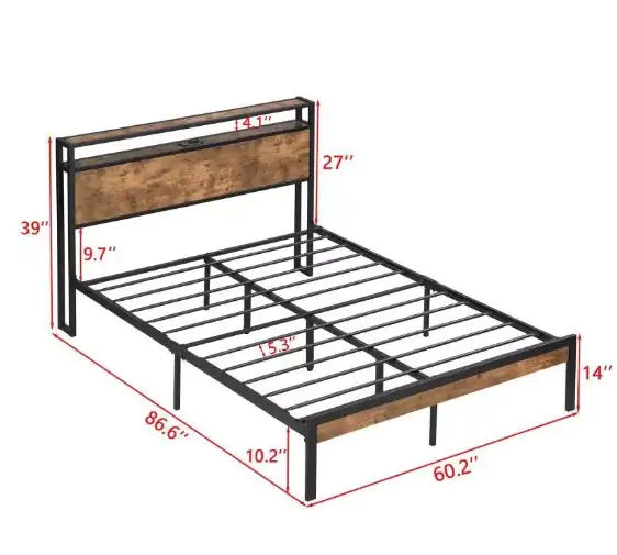 Queen Size Metal Platform Bed Frame With Wooden Headboard And Footboard With USB LINER