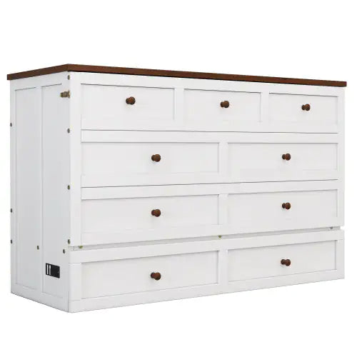 Solid Pine Murphy Bed Chest With Charging Station And Large Storage Drawer For Home Office Or Small Room , Full, White Walnut