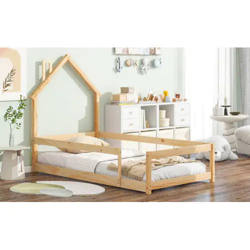 Twin Size Wood Bed With House-shaped Headboard Floor Bed With Fences,Natural