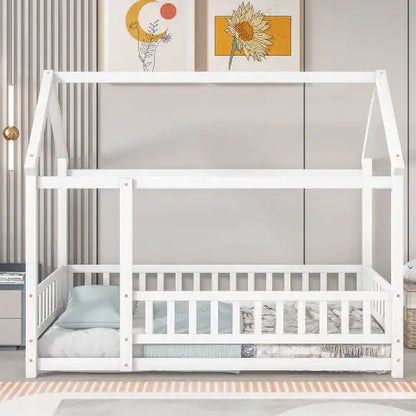 Twin Size Floor Wooden Bed with House Roof Frame & Fence Guardrails