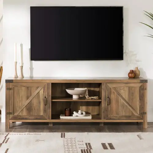 Rustic Farmhouse Double Barn Door TV Stand For TVs With Center Shelves - Rustic Oak