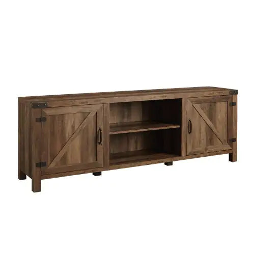 Rustic Farmhouse Double Barn Door TV Stand For TVs With Center Shelves - Rustic Oak