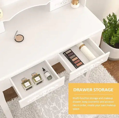 Vanity Table Set with 4 Drawers, Makeup Dressing Table with Cushioned Stool