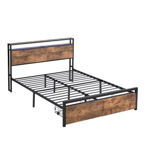 Queen Size Bed Frame With Storage Headboard And 2 Drawers, LED Lights Bed With Charging Station