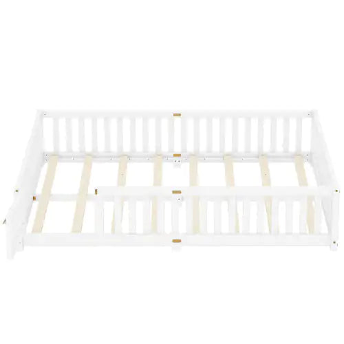 Queen Size Bed Floor Bed With Safety Guardrails And Door For Kids, White