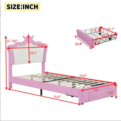 Twin LED Crown Headboard Bed with Storage Drawer