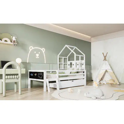 Twin Size House Bed with Ladder and Storage Drawers for Kid's Bedroom